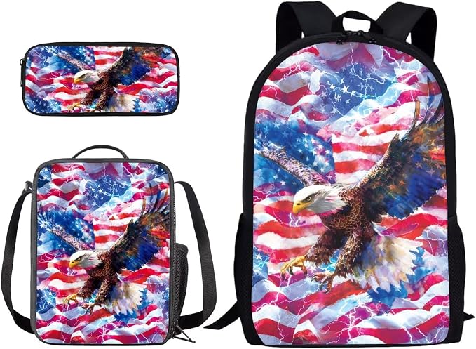 Lightning Eagle American Flag Print Backpack Set for Boys and Girls, Large Lightweight July 4th Students Schoolbag Set, Knapsack Set with Portable Lunch Box Pencil Case by PCSJRKG