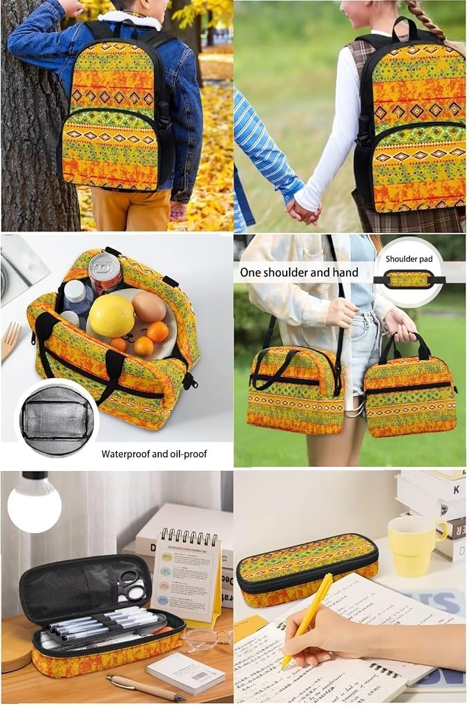 Orange Tribal Aztec Backpack with Lunch Box and Pencil Case Girls Comfy Padded Cute School Backpack Set of 3 Bookbag for Student Lightweight Large Capacity Daypack - Image 5