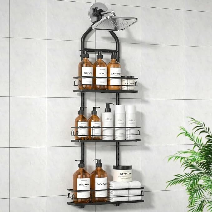 3 Tier Hanging Shower Head Caddy, Adjustable Hanging Shower Caddy Over Showerhead, Standing Shower Caddy No Drilling Handing Racks Rustproof for Bathroom Shampoo Soap Storage by LunchBagWomen
