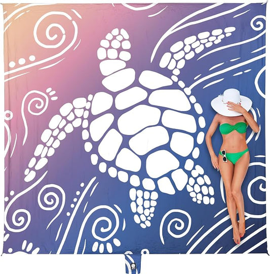 WEKAPO Beach Blanket Waterproof Sandproof Oversized Extra Large Sand Free Beach Mat with Stakes, Storage Bag - Essentials for Outdoor Beach, Picnic (Deep Blue Sea Turtle, 8 X 7 FT (1~4 Person)) by Wekapo