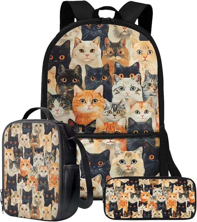 Cute Cat Print Schoolbag Set Boys Girls Backpack Lunch Bag Pencil Case 17 Inch Travel Laptop Bag with Ergonomic Straps Casual Daypack Lightweight Rucksack for Hiking Camping by ZIATUBLES