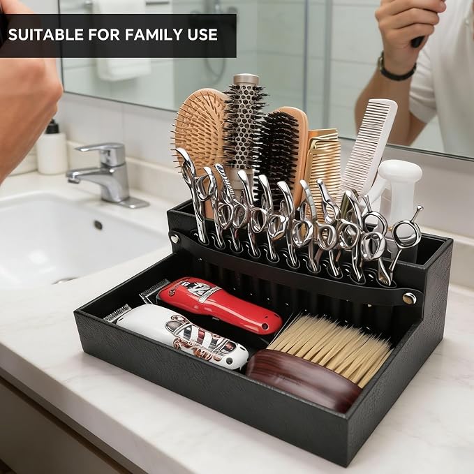 Barber Station Tray for Scissors Holder & Clippers Organizer, Barber Accessories Storage Station for Combs/Hair Clip/Trimmers, Barber Salon Home Desktop Tool Organizer(Small 11.9" x 8.8" x 4.4") - Image 2