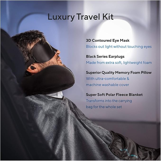 Proglobe Travel Blanket Luxury Travel Set - Ergonomic Airplane Neck Pillow 100% Pure Memory Foam and Super Soft Fleece Blanket - Premium 3D Sleep Mask & Earplugs - Ultimate 4-in-1 Traveling Kit Black - Image 2