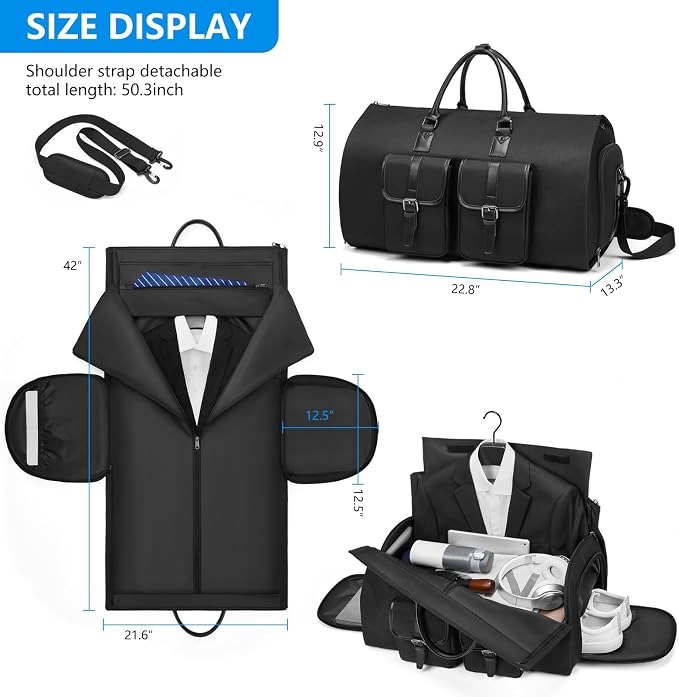 Carry-On Garment Bag for Travel, Convertible Duffel Bag for Men - 2 in 1 Large Luggage Dress Bag with Shoe Pouch - Image 4