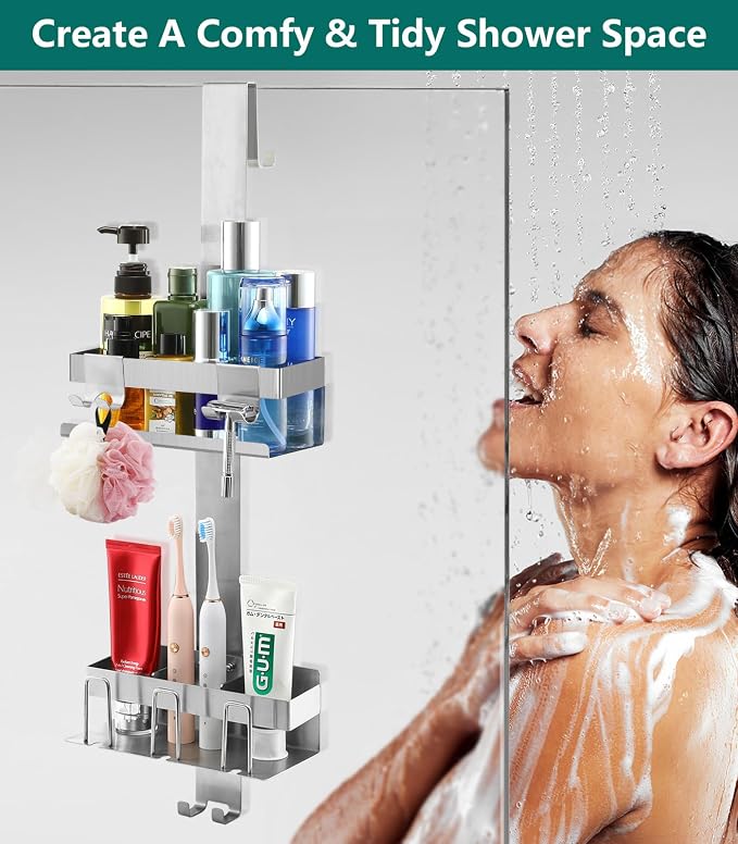 Emibele Over The Door Shower Caddy 2 Tier, 304 Stainless Steel Hanging Shower Caddy Rustproof Shower Shelves, No Drilling Hanging Shower Organizer for Bathroom Glass Door, Silver - Image 7