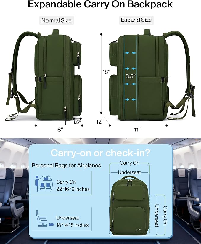 MILADA Travel Backpack for Women&Men,Expandable 28L to 39L,Fits 17" Laptop | Airline Approved Carry-On, Personal Item Backpack, Lightweight Business Rucksack Weekender Bag, Green - Image 2