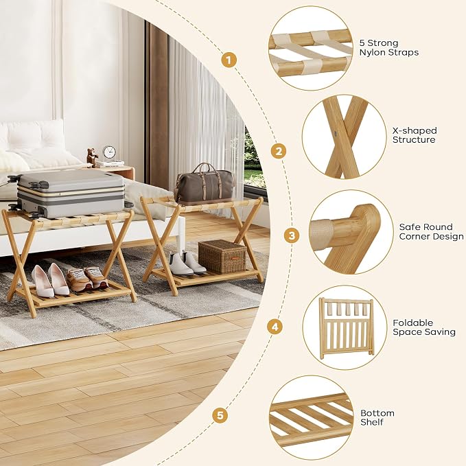 Full Assembled 26.77"L Luggage Rack for Guest Room, Set of 2 Foldable Suitcase Stand with 5 Nylon Straps, Luggage Holder with Shoe Shelf for Suitcases Hotel (Natural Wood Bamboo Luggage Stands) - Image 3