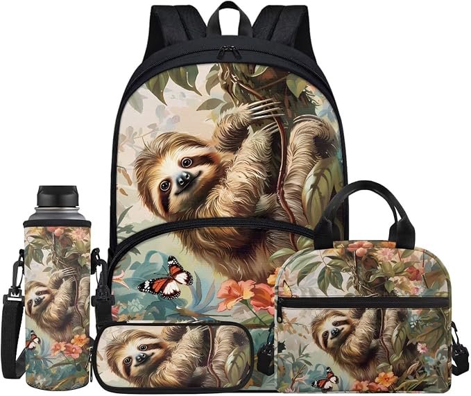 Cartoon Sloth Schoolbag Children Sloth Backpack Set of 4,With Durable Insulated Reusable Lunch Box Pencil Holder Case Water Bottle Carrier Bag Crossbody Bags for Teens Boys Girls by FUIBENG