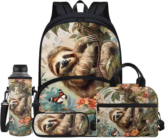 Cartoon Sloth Schoolbag Children Sloth Backpack Set of 4,With Durable Insulated Reusable Lunch Box Pencil Holder Case Water Bottle Carrier Bag Crossbody Bags for Teens Boys Girls by FUIBENG