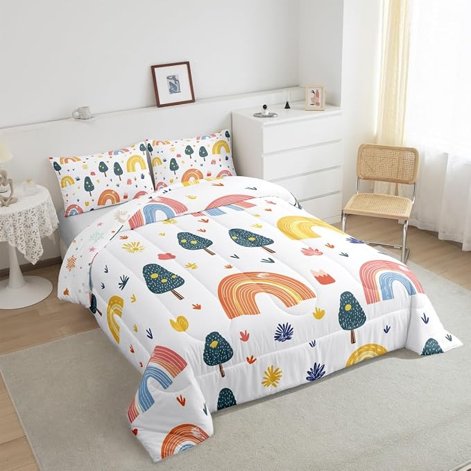 Erosebridal Kids Rainbow Bedding Set Twin Size, Abstract Raindrop Comforter Set Hand Drawn Rainbow Duvet Insert for Girls Boys Teens Adult, Iridescent Stripes Bedding Comforters with 1 Pillow Case - Image 3
