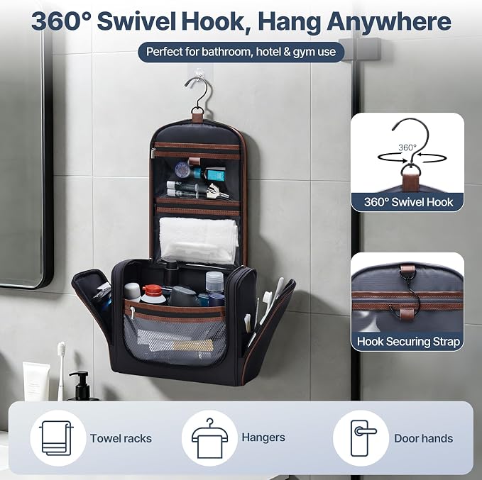 ZAHNI Men’s Hanging Toiletry Bag, Large Capacity Toiletry Organizer | Water-Resistant Toiletry Bag With 360° Hook, Multiple Compartments For Grooming & Shaving, Ideal For Travel & Business, Black - Image 4