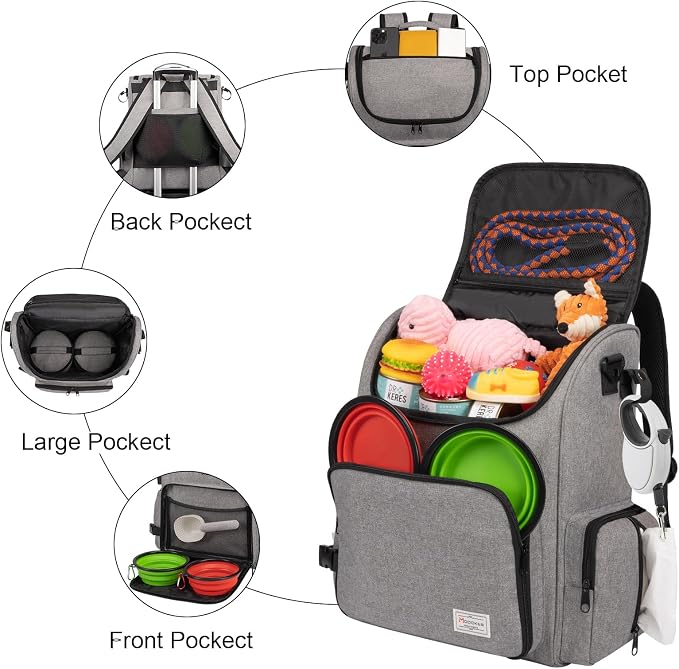 Modoker Multi-Compartment Dog Travel Backpack for Pet Supplies, Grey | Dog Travel Accessories Organizer with 2 Food Bags, 2 Bowls, Quick-Access Pockets, Tissue Opening, Luggage Sleeve, Feeding Mat - Image 3
