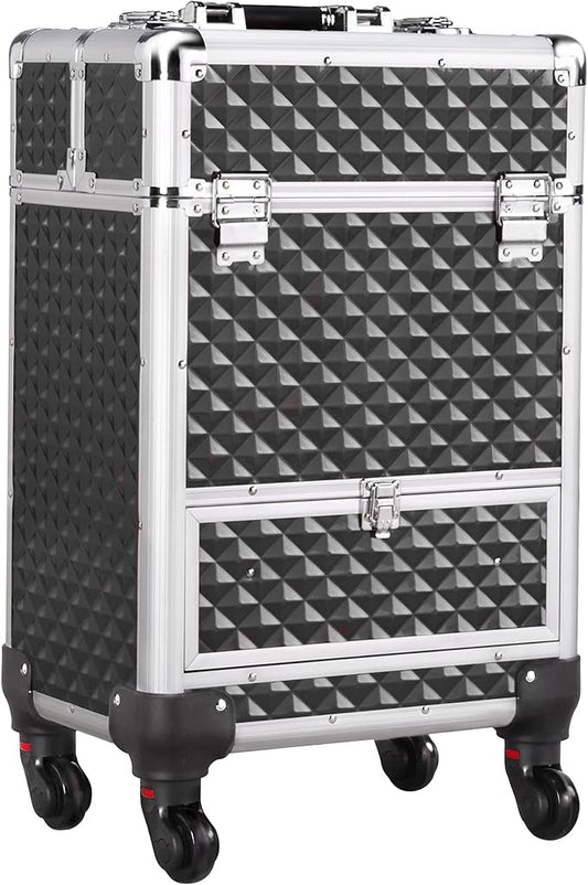 Yaheetech Rolling Makeup Train Case with a Drawer Nail Trolley Black/Silver | Sturdy ABS & aluminum nail cart organizes beauty supplies in side trays and a drawer, rolls smoothly & lockable for travel by Yaheetech