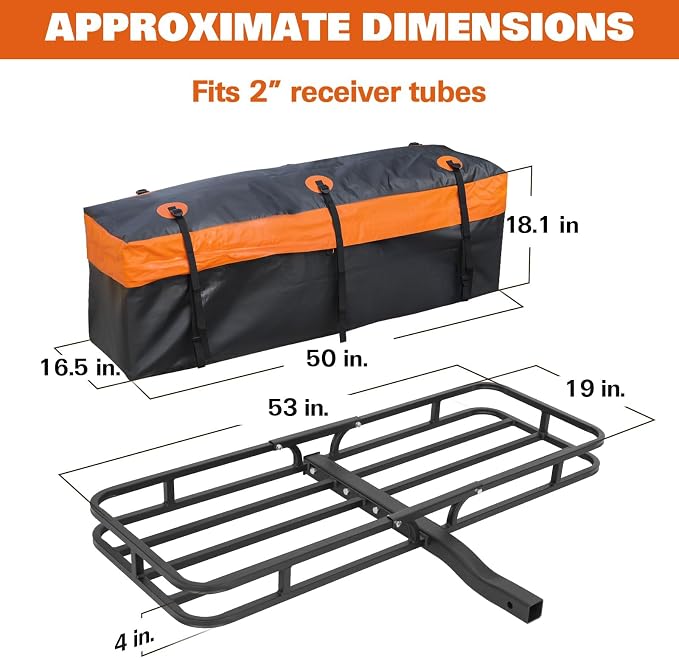 WEIZE Hitch Cargo Carrier Basket for SUV, Truck - 53x19 Inches, 500LB Capacity, with Waterproof Bag, Net Strap, Tightener, Powder Coated for Durability, Easy Installation, for Camping and Travel - Image 2