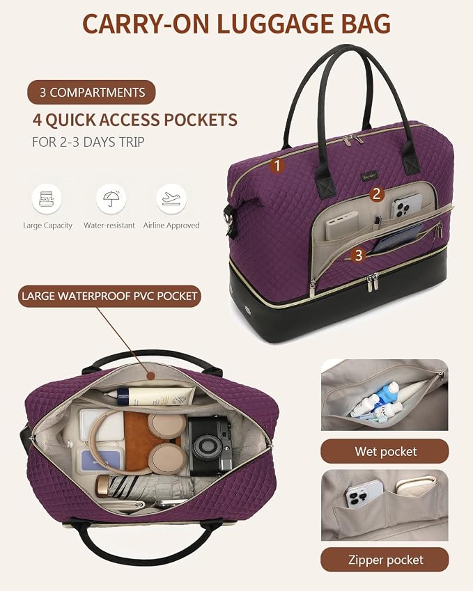 Weekender Bags for Women Travel, Under Seat Carry On Bags for Airplanes Overnight Bag with Shoe Compartment Luggage Sleeve, Foldie Travel Tote Bag Hospital Bag, Travel Gifts, Purple Black - Image 5