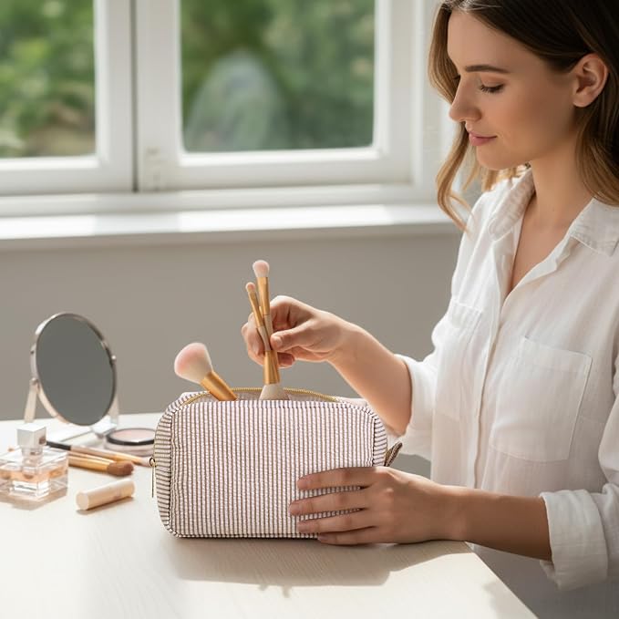 Sanwuta 10 Pcs Seersucker Cosmetic Bag Seersucker Makeup Bag Women Stripe Large Travel Toiletry Organizer Preppy Storage Pouch for Embroidery Wedding Bridesmaid Bride Mom (Khaki) - Image 5