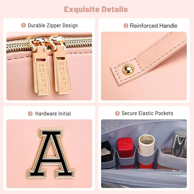 BOYATU Makeup Bag Gift for Women: 3-in-1 Travel Personalized Cosmetic Bag | Initial Make up Bag - Monogram A-Z - Vegan Leather Flat Open Toiletry Organizer - Ideal Gift Set for Birthday Graduation - Image 7