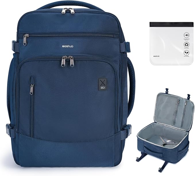 ECOHUB Travel Backpack for Men, 18x14x8 Frontier Airlines Personal Item Bag with Clear Toiletry Bag, Laptop Carry on Backpack with USB Port, Airline Approved Under Seat 14 Pockets 30L, Blue by ECOHUB