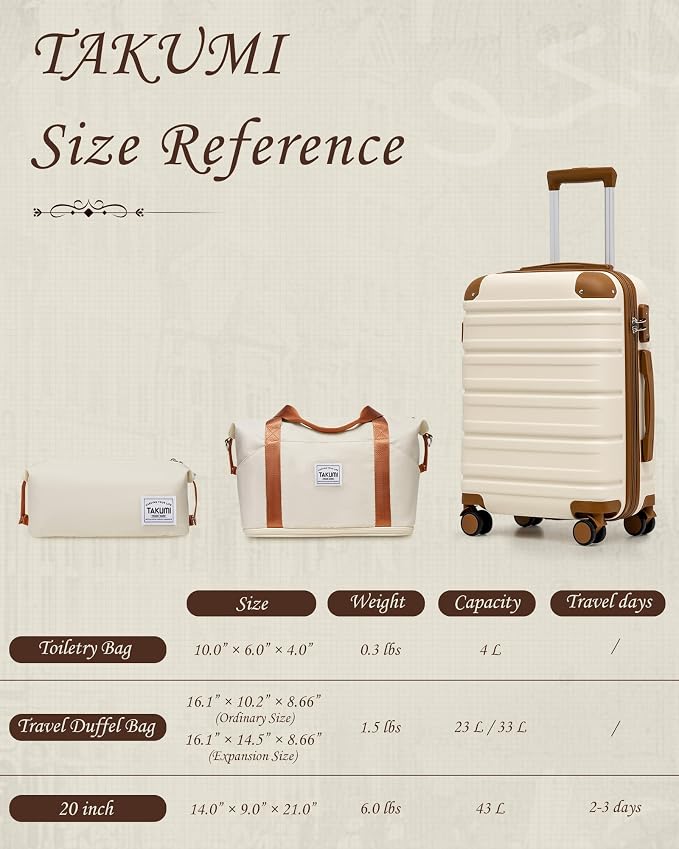 TAKUMI Carry On Luggage Set 3 Piece ABS+PC Hardshell Suitcases with Duffel Bag Double Spinner Wheels Travel Luggage with TSA Lock Lightweight Suitcase Set(WHITE BROWN, 3 PIECE SET(20/DB/TB)) - Image 9
