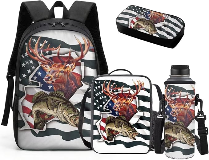 GIFTPUZZ 4-in-1 Camo Fish American Flag Kids Backpack Set | Patriotic School Bookbag with Lunch Box for Elementary Boys, Zippered Pencil Case, Water Bottle Holder, Ages 6-8 by GIFTPUZZ