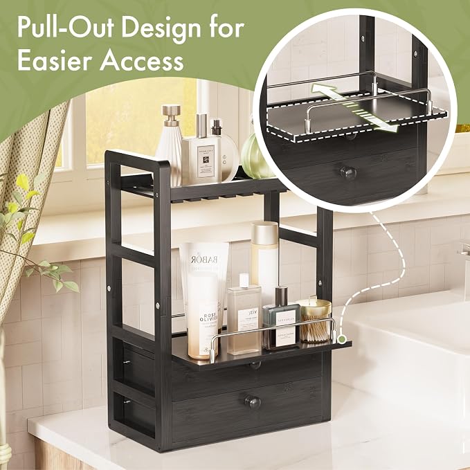 AmazerBath Bamboo Bathroom Countertop Organizer, 2-Tier Makeup Organizer with 2 Drawers, Vanity Organizer Storage Coffee Matcha Station, Compact Shelf for Bathroom Kitchen Office, Black - Image 4