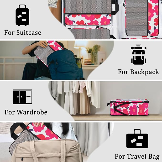 U+U 4 Set Compression Packing Cubes - Ultralight Travel Organizers, Space-Saving Suitcase Organizer, Expandable Packing Cubes for Travel, Business Trip and Family Vacation (Red Flower) - Image 7