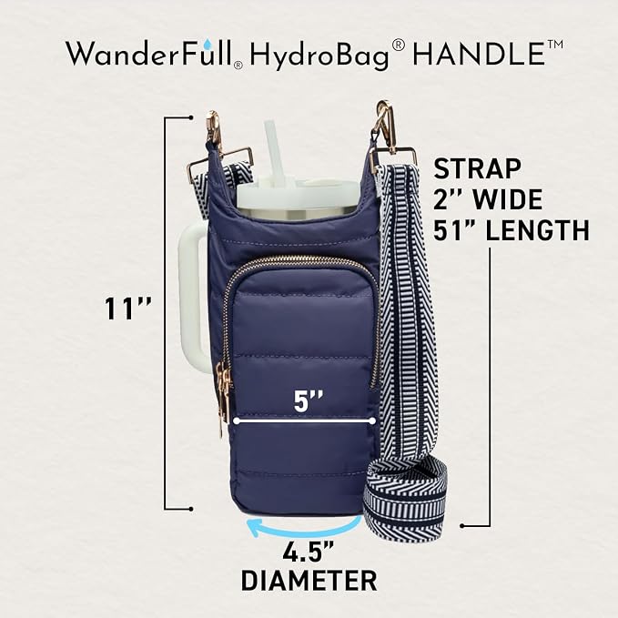 WanderFull Original HydroBag Handle®, Zipper for Handle, 40 oz Water Bottle Holder w/Strap, Crossbody Carrier Bag w/Phone Pocket, Tumbler Accessories - Island Navy Matte w/Patterned Strap - Image 4