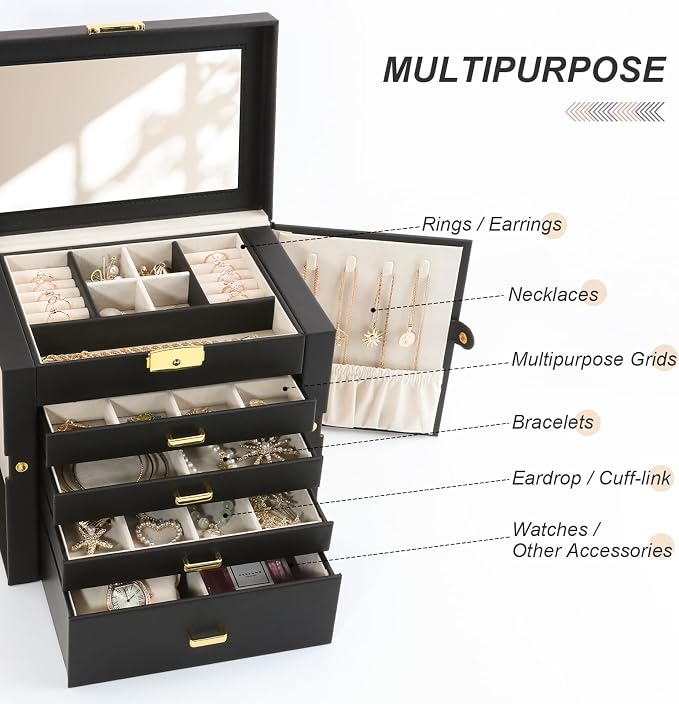 Large Jewelry Organizers and Storage, Jewelry Box for Women 5 Layers Jewelry Organizer, Large Jewelry Boxes & Organizers for Women, Black - Image 3