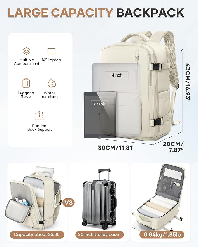 Large Travel Gym Backpack Women Carry On Backpack Flight Approved Hiking Waterproof Rucksack Casual Daypack Laptop bags airplanes Shoes Compartment Personal Item Travel Weekender Bag Essentials Beige - Image 5