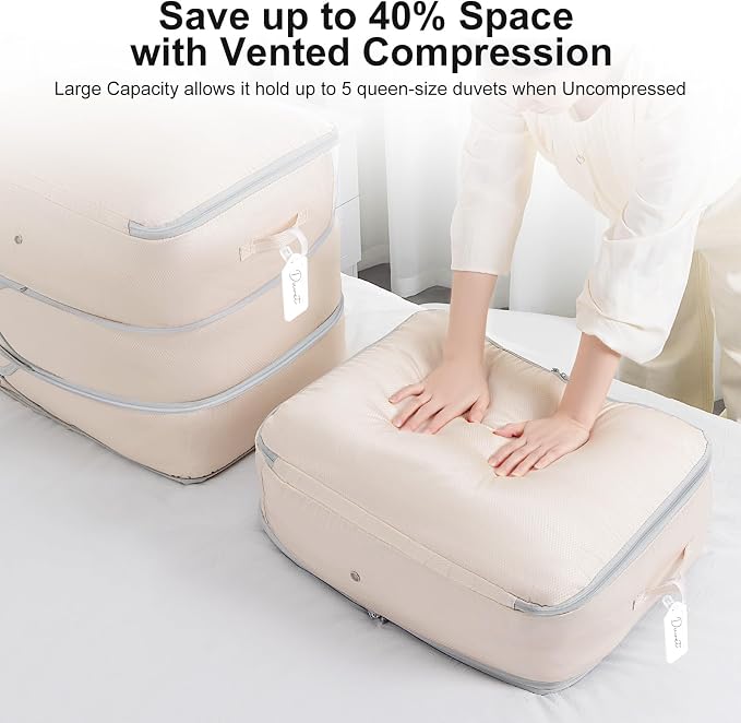 Comforter Storage Bag - Large Capacity Blanket Storage Bags 3-Layer Ultra Space Saving Self Compression Organizer, Washable Compression Bags for Storage Comforter Blanket, 1-Pack, Beige - Image 3