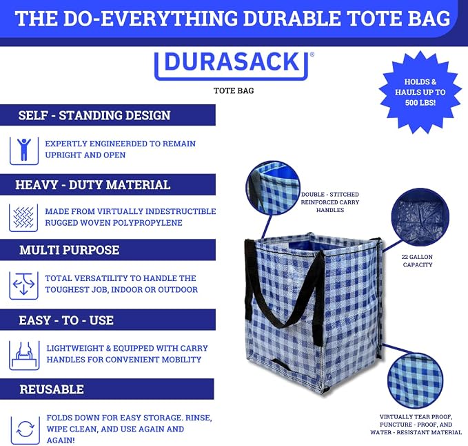 DURASACK Heavy Duty Storage Tote Bag 22-Gallon, Gingham Multi, Pack of 4 | Rugged Woven Polypropylene Moving Bag, Reusable Self-Standing Design, Holds up to 500 Pounds - Image 3