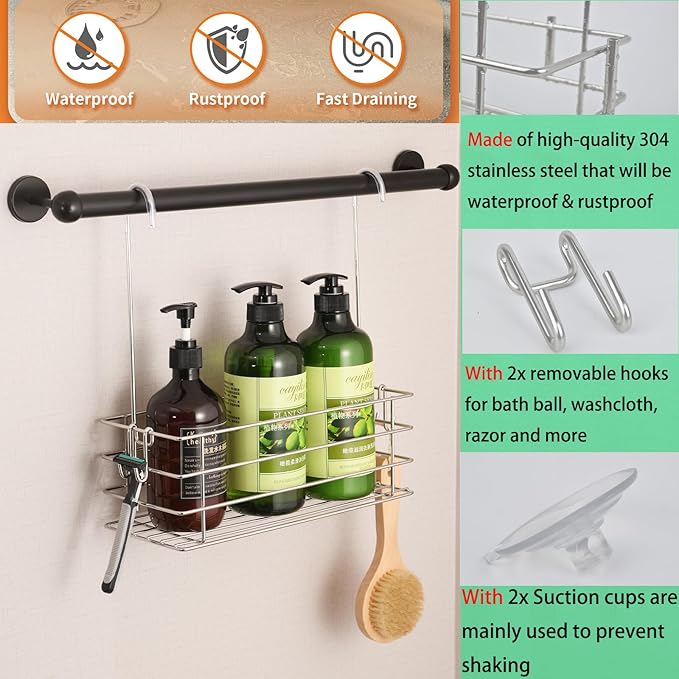 Shower Caddy Hanging Shower Rack SUS304 Stainless Steel Hanging Shower Orangizer with Hooks Over The Door, Shampoo Basket Storage (Single-Layer) - Image 3