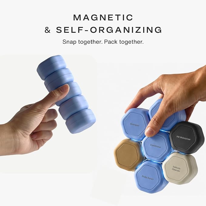 Cadence Travel Containers - 2 Piece Haircare Set - Magnetic Travel Capsules - For Shampoo, Conditioner, Hair Styling Product - 1 Small & 1 Medium Capsule - Shampoo & Conditioner Labels - Petal - Image 5