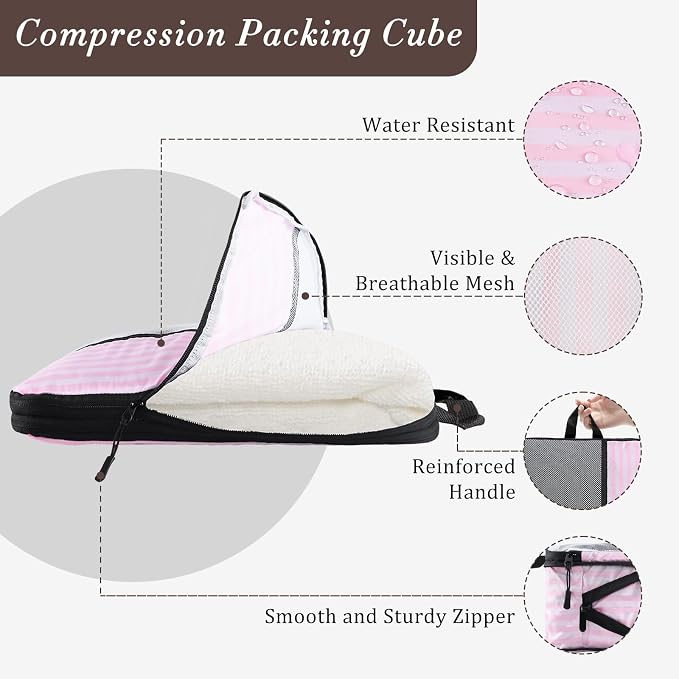 U+U 10 Set Compression Packing Cubes - Ultralight Pink Stripe Travel Organizers with Laundry Bag, Space-Saving Suitcase Organizer, Expandable Packing Cubes for Travel and Family Vacation (Pink Stripe) - Image 3