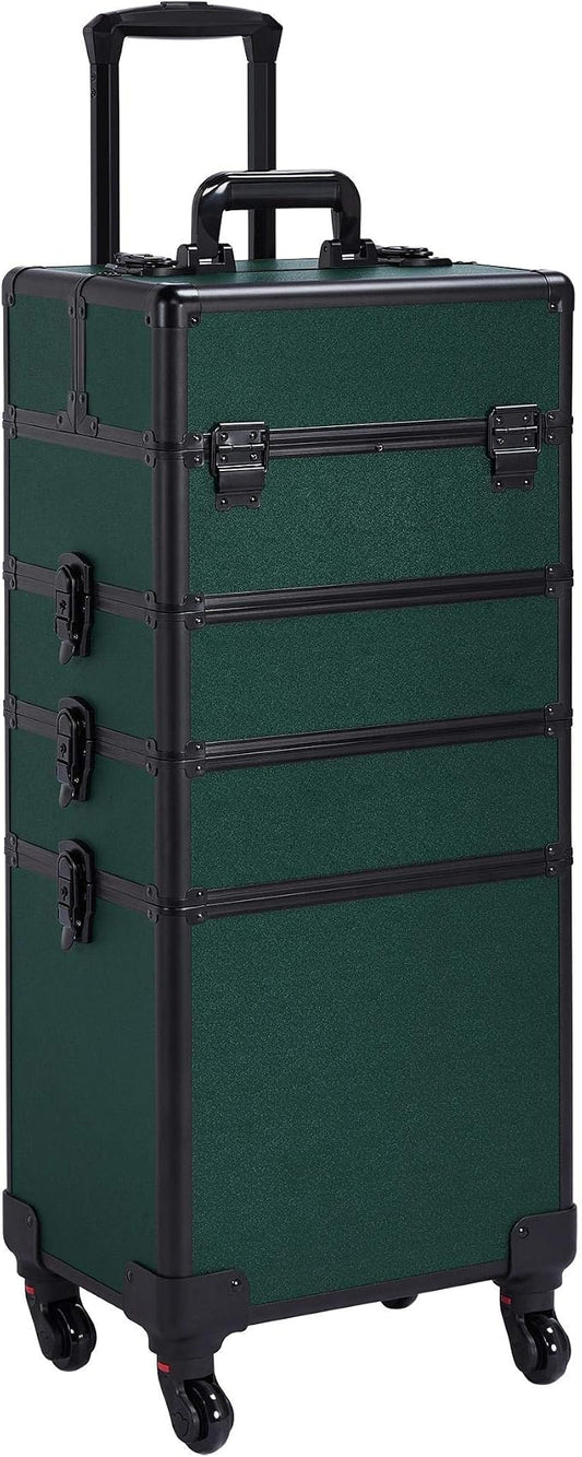Yaheetech 4 in 1 Rolling Makeup Train Case, Lockable Green Cosmetology Cart | Aluminum-framed cosmetology trolley on swivel wheels, with stackable accordion trays keeping nail & makeup supplies organized by Yaheetech