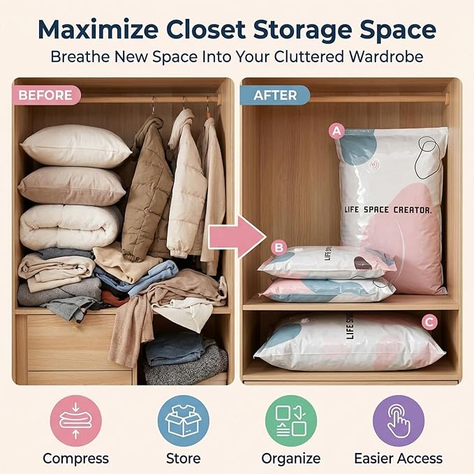 5PCS No Pump Vacuum Storage Bags, No Pump Large Vacuum Storage Compression Bags, Thick Airtight Reusable Organizer for Clothes Comforters Travel Moving Closet Storage (L) - Image 6