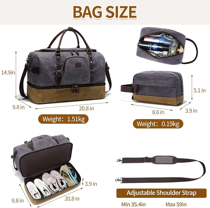 Nerlion Weekender Bag with Shoe Compartment Large Overnight Bag for Men Canvas Genuine Leather Carry on Luggage Bag Travel Duffel Bag(Gray) - Image 6