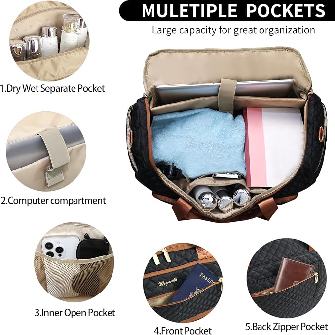 Wogarl 3PCS Weekender Bags for Women Large Overnight Bag Weekend Travel Duffel Bag Carry on Shoulder with Shoe Compartment Canvas Toiletry Bag for Travel Business Gym,Black - Image 3