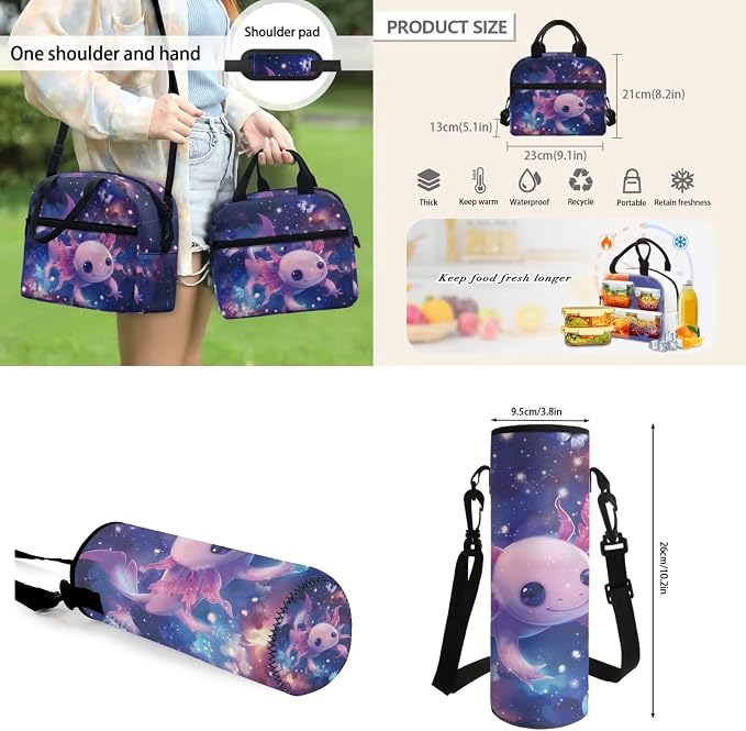 Galaxy Axolotl Backpack 4 Pcs Toddler Kids Boy Girl Axolotl School Bag Set with Lunch Box Water Bottle Bag Pencil Case Casual Travel Ruckpack Back to School Supplies - Image 4