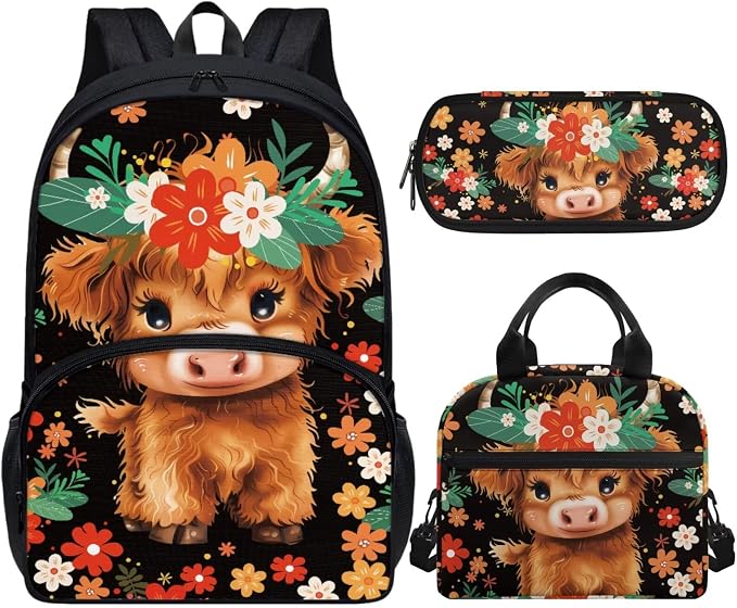 Cow Girls Backpacks for Elementary School Cute Floral Bookbag for Kids 3 Piece School Bag Set with Lunch Box and Pencil Bag Aesthetic for Boys by Vanideaoty
