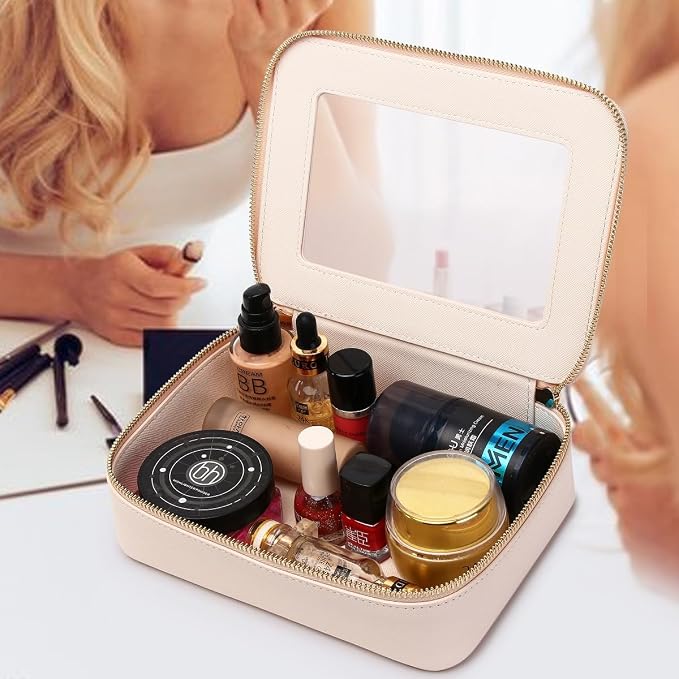 Clear Makeup Bag Set Portable Travel Cosmetic Bag and Toiletry Bag Women's Purse Pouch Cosmetic Stroage Organizer Bag with Zipper Car Essentials (Beige, M+Mini) - Image 6