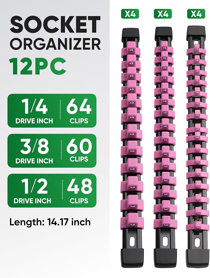 ALOANES 12PC Socket Organizer, Socket Rails Fit 1/2", 1/4" and 3/8" Drive | Heavy Duty ABS Socket Holders Hold up 172 Sockets for Mechanics Toolbox Drawer Bags(Pink) - Image 2
