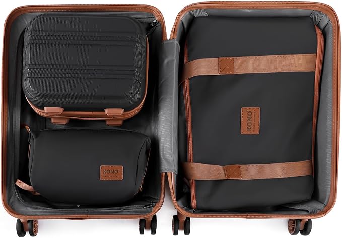 Kono Luggage Set 4 Piece Carry On Hardside Luggage with Spinner Wheels | Lightweight PC+ABS Carry On Suitcase with TSA Lock Apricot Black - Image 9