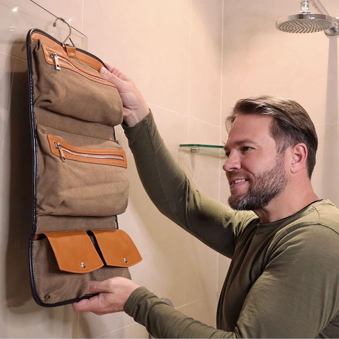 Vetelli Leather Toiletry Bag for Men - Water Resistant, 2 Zippered Internal Pockets, 2 Snap-Fastened Internal Pockets, and Hanging Hook. - Image 4