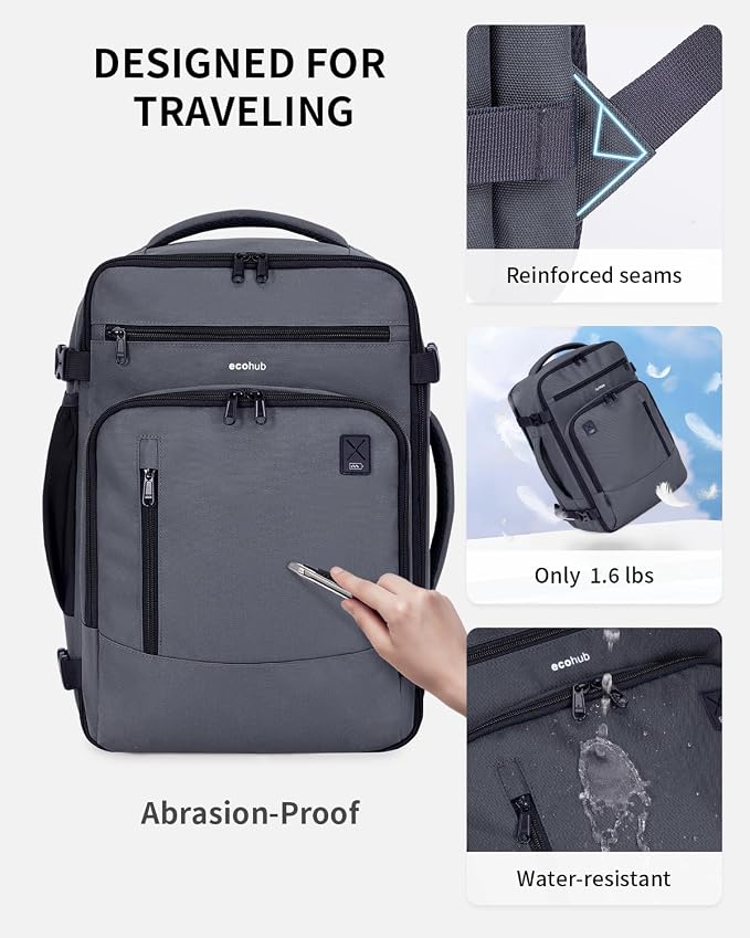 ECOHUB 17" Small Travel Backpack, United Airlines Personal Item Bag 17x10x9 with 16 Pockets, Water Resistant Rucksacks Fit 15.6" Laptop, AirTag Pocket, Lightweight Casual Daypack, 25L, Grey Green - Image 6