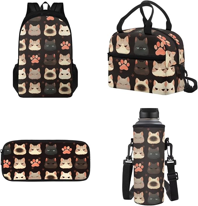 Cat Paw Print Teens Backpack Soft Double Zipper School Bag with Leakproof Lunch Box Pencil Pouch Water Bottle Sleeve for School and Daycare by Tomeusey