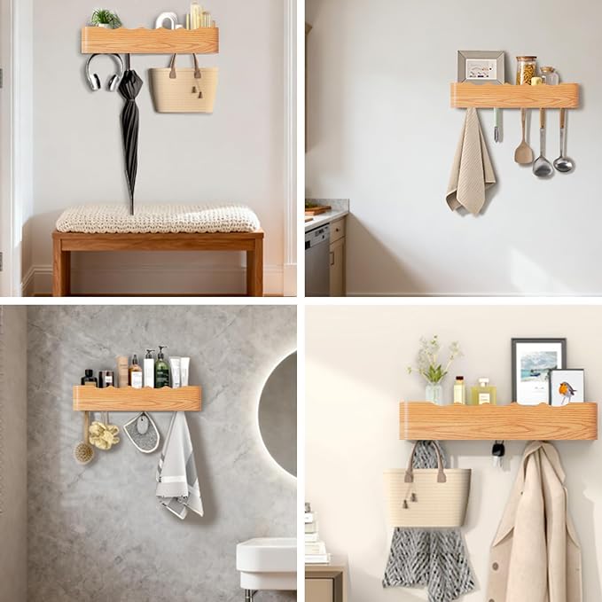 Wall Mounted Coat Rack with Shelf, Wooden Entryway Organizer with Hidden Metal Hooks for Hanging Coats Bags Keys, Modern Floating Shelf for Hallway Bathroom - Image 7