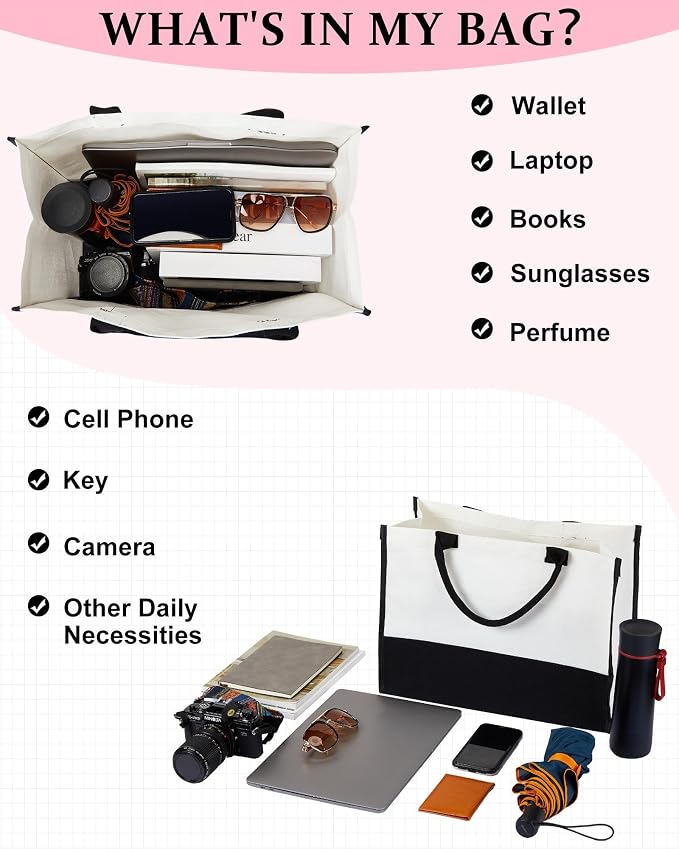 Reginary 6 Pcs Canvas Beach Tote Bags with Handles and Scarves Large Capacity Waterproof Tote Set for Women Black and White Reusable Gift Bags for Travel Shopping Wedding - Image 5