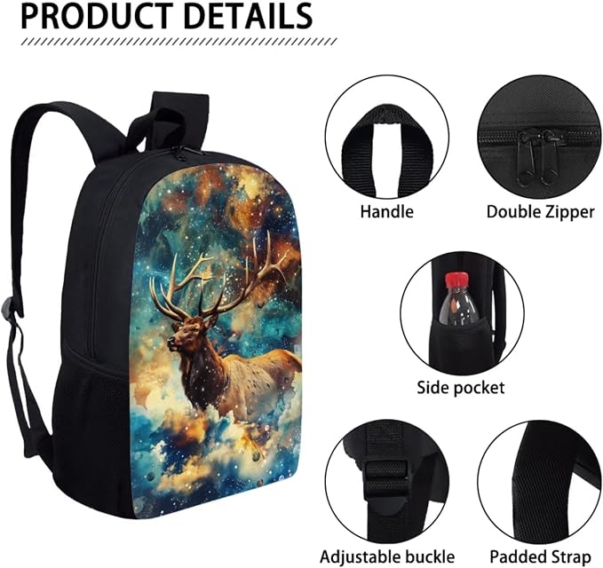 17 Inch Animal Print School Backpack And Lunch Box Set for Kids Lightweight Dreamlike Galaxy Deer Backpack for Boys Girl Sturdy School Bag with Insulated Lunchbox Pencil Case Student Bookbag - Image 4
