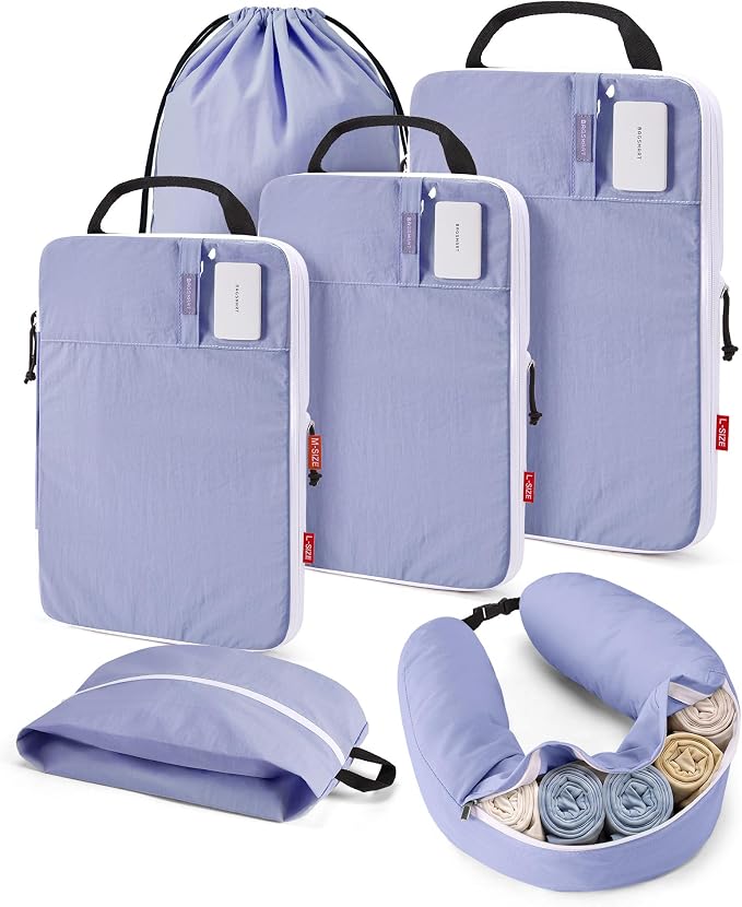 BAGSMART 6 Set Compression Packing Cubes Travel Essentials with Neck Pillow | Premium taslan organizer bags for budget airline carry-ons, luggage, suitcases, closets, cruises by BAGSMART